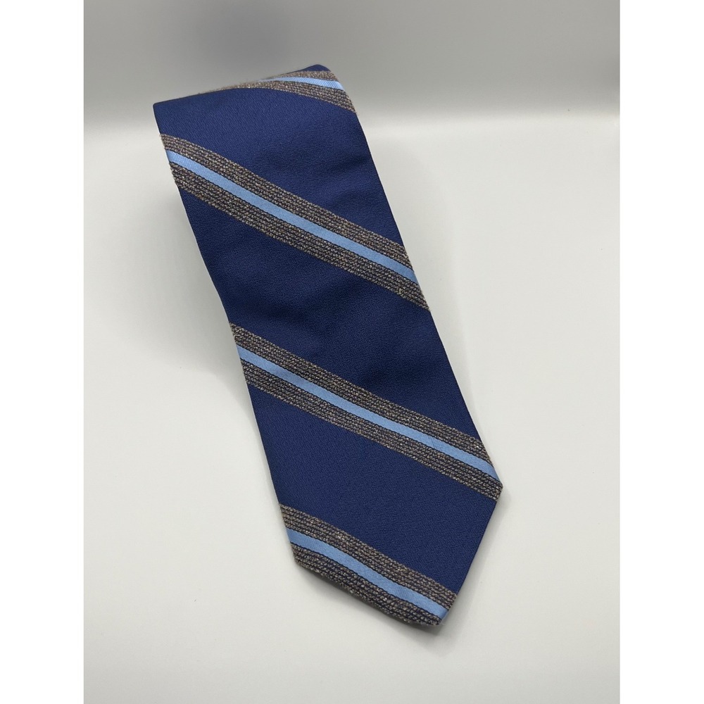 Brooks Brothers Mens Silk Tie Navy Blue Light Blue Tan Repp Stripe Made in USA